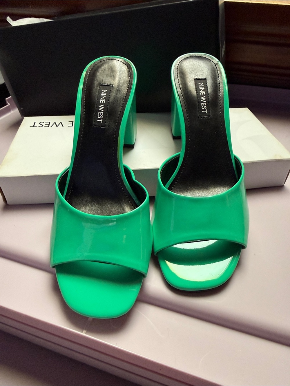 Nine West Teal Patent Open-Toe Slide Mules